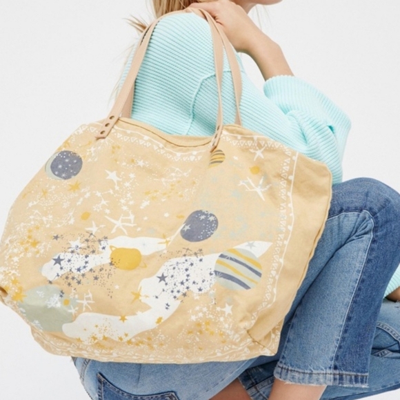 Free People Handbags - Free People Rosewood Tote Canvas Large Celestial Galaxy Print NWT